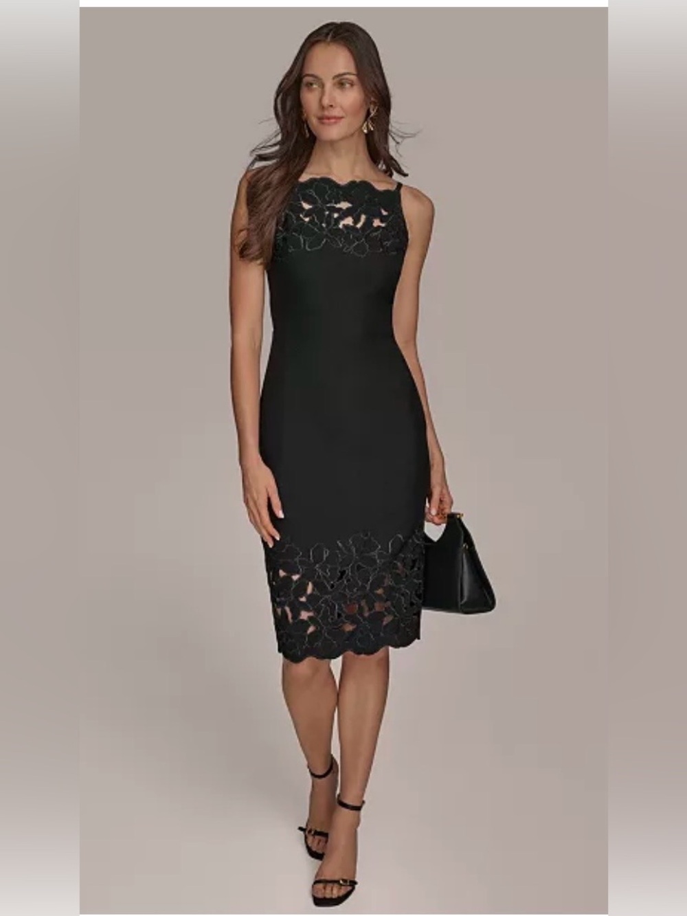 NWT Donna Karan Black Lace Trim Midi Sheath Dress Size 14